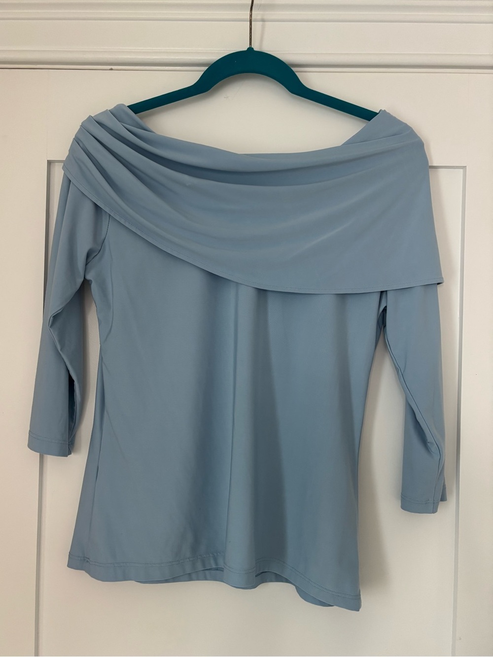 Harlow Blue Off Shoulder Foldover Top Size L Minimalist Soft Knit - Picture 2 of 5